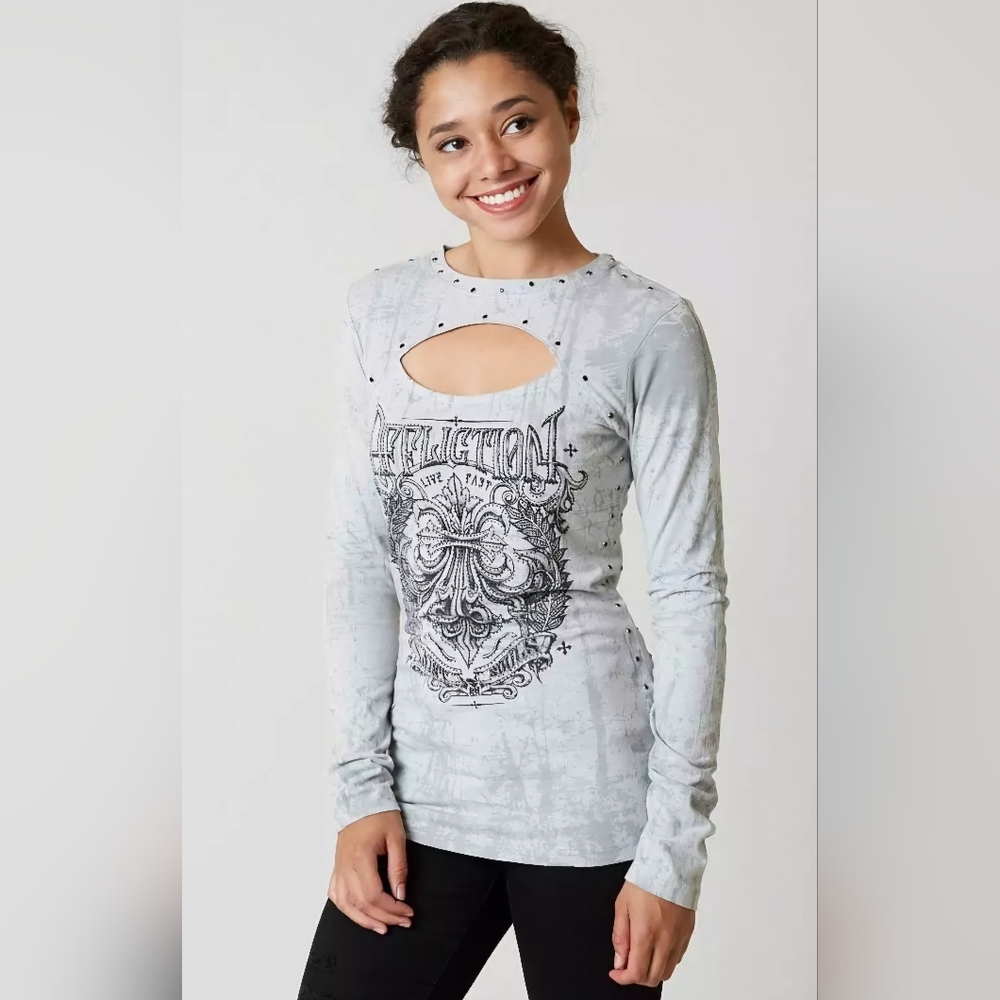 Affliction Women's Corroded T-Shirt long-sleeve, Color Gray, SZ Medium